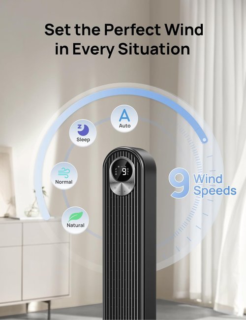 DREO Bladeless Tower Fan - 28 ft/s Quiet Oscillating Design | 9 Speeds, Remote, 12H Timer, 42 Inch