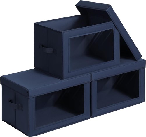 Homsorout Foldable Storage Boxes - Clear Window Clothes Organizers | Navy Blue Fabric Bins, 3 Pack