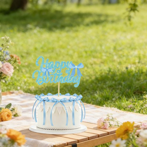 11 Pcs Blue Bow Cake Toppers, Happy Birthday Sign, 10Pcs Ribbion Bow Cupcake Toppers for Blue Bow Birthday Decorations, Baby Shower, Bridal Shower, Graduation Party