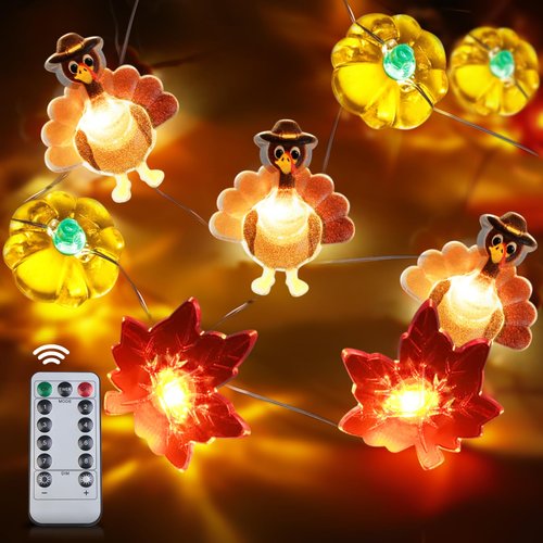 [Timer, 8 Modes]10Ft 30LED Thanksgiving Lights Decoration, Battery Operated Copper Wire String Lights Thanksgiving Turkey Maple Pumpkin Lights Thanksgiving Lights Indoor Home Autumn Harvest Fall Decor