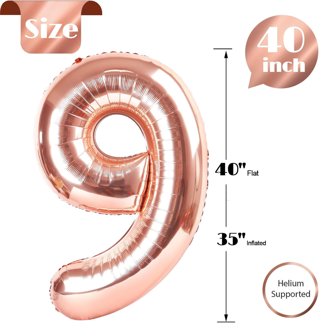 Rose Gold 9 Balloon - 40-Inch Giant Number Balloon for 9th Birthday Decorations | Perfect for Boys & Girls