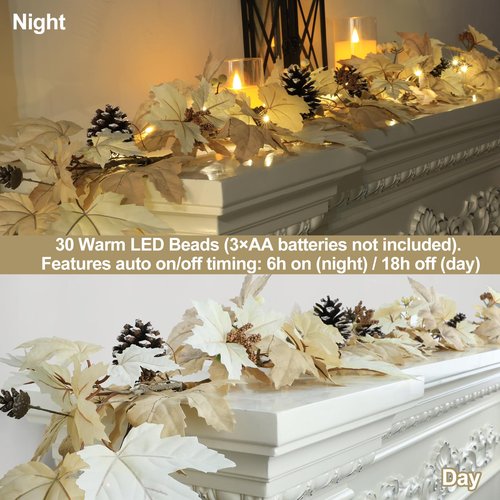 6 FT Realistic Fall Garland with Lights Timer Function Fall Leaves Maple Garland with Berries Pine Cones Autumn Automatic Fall Decorations for Home Mantle Fireplace Porch Table Decor