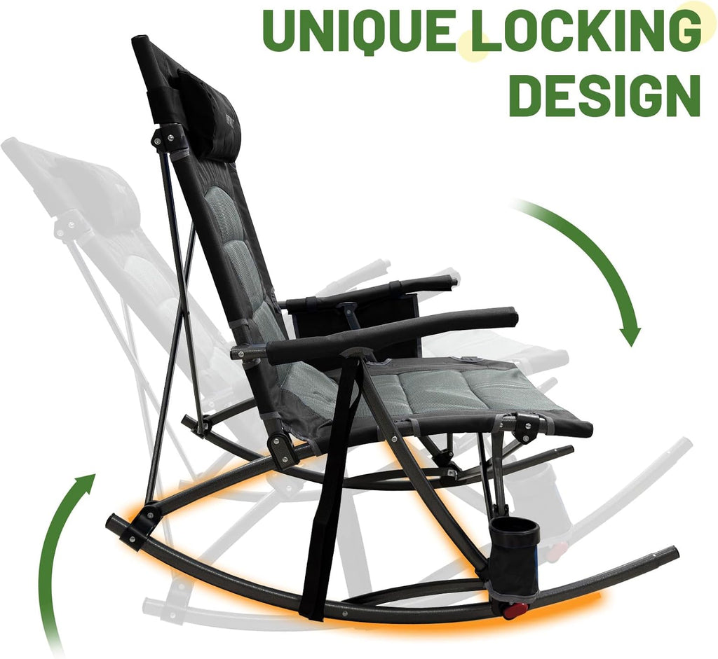 Skiennix Oversized Rocking Camping Chair - 13.8" High Seat with Foot Rest & Headrest, Supports 300 lbs | Portable Folding Design