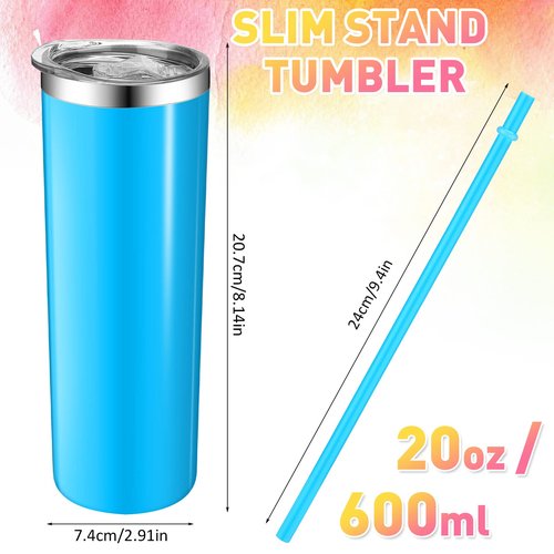 Mimorou 12 Pack Skinny Tumblers with Straws and Lids, 20 oz Stainless Steel Slim Double Wall Tumbler Vacuum Insulated Water Cup Travel Coffee Mug,12 Colors