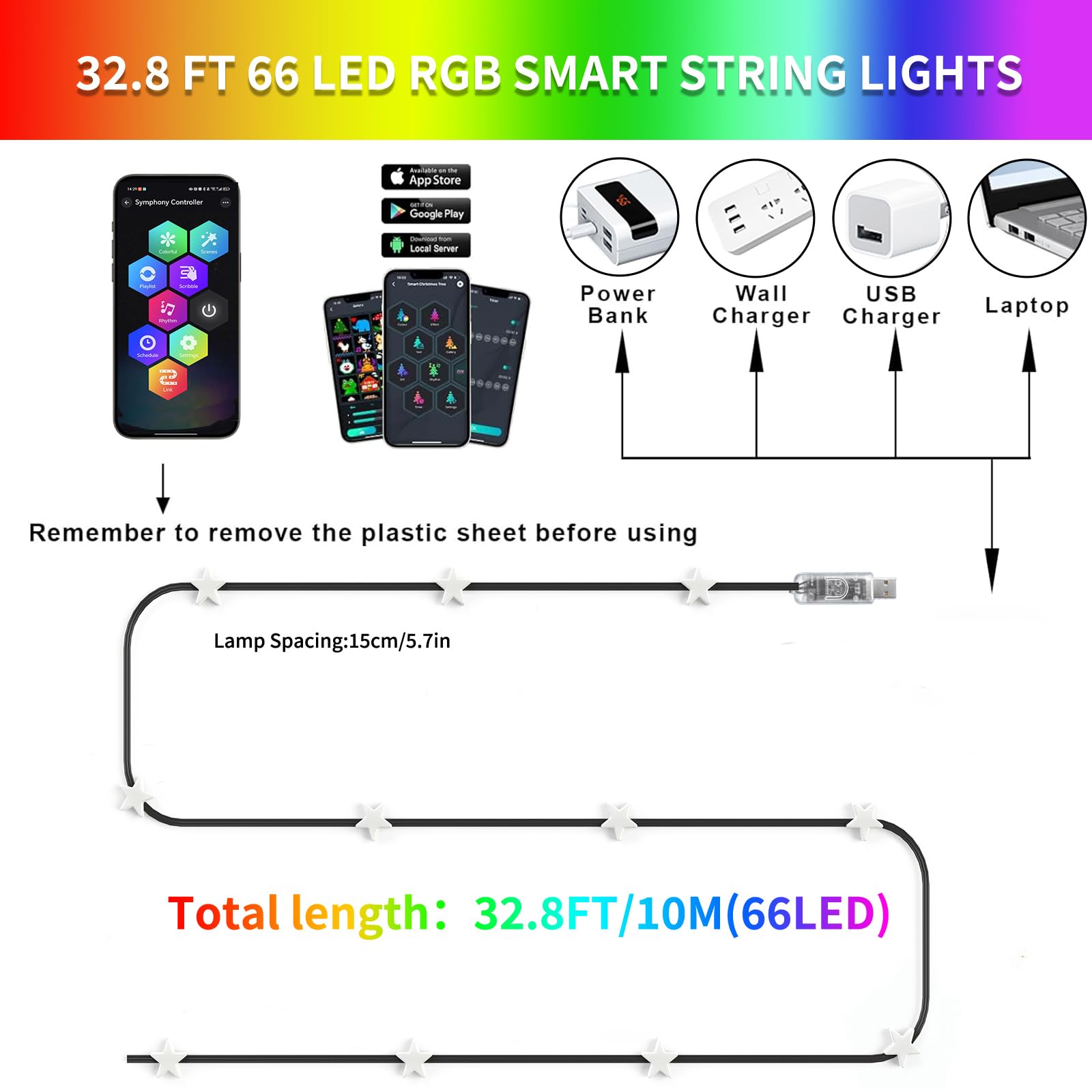 YOOWARM Smart Star Fairy Lights, 33FT 66 LED String Light, Tent Lights for Party with App, Music Sync,Group Control String Lights for Bedroom, Party, Wedding, Holiday Decorations (Star)