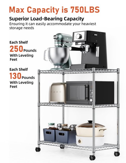 Simple Deluxe Heavy Duty 3-Shelf Shelving Unit with Wheels, Adjustable Steel Wire Shelving, Chrome Metal Shelf Organizer for Kitchen Organization and Storage, 750 lbs Capacity