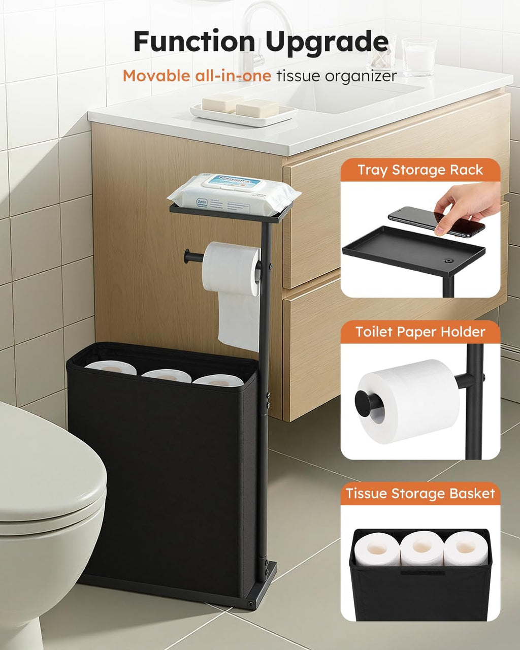 Skiennix 30" H Toilet Paper Holder Stand - Rustproof Free Standing Organizer with Shelf & Basket, Black