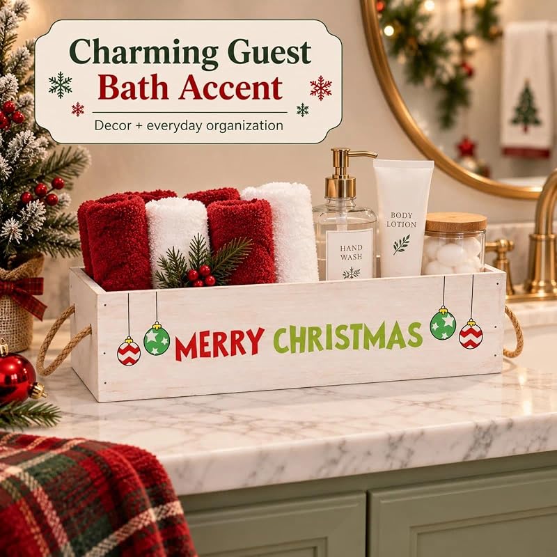 Christmas Wooden Toilet Paper Storage Basket with Rope Handles