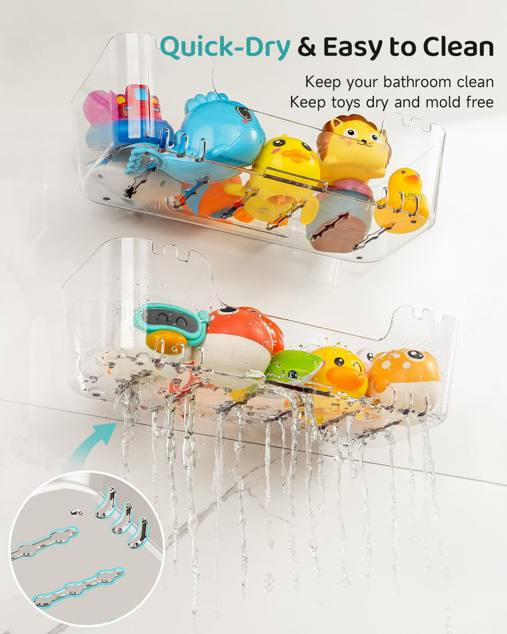 Bath Toy Storage Organizer 2 Pack, Transparent Bath Toy Holder with Drain Holes, Durable Plastic Bathtub Toy Storage for Bathroom, Quick-Dry Drainable Shower Caddy, Easy to Clean and Install