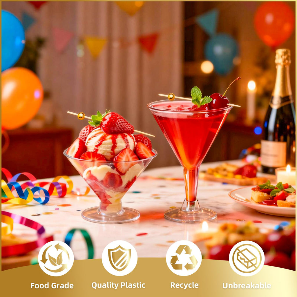 RYTOXILO 100 PCS Plastic Martini Glasses Disposable, 5oz and 7oz Clear Martini Plastic Glasses with Cocktail Picks, Unbreakable Mini Cocktail Cups for Weddings Party