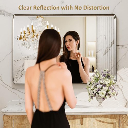 LOAAO Brushed Nickel Bathroom Mirror - 48x30 Inch Rounded Rectangle Design | Anti-Rust & Shatterproof