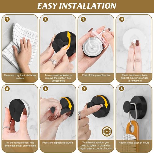 BKV Suction Cup Hooks - Removable Shower Hooks for Glass Windows | 8 Pack in Black