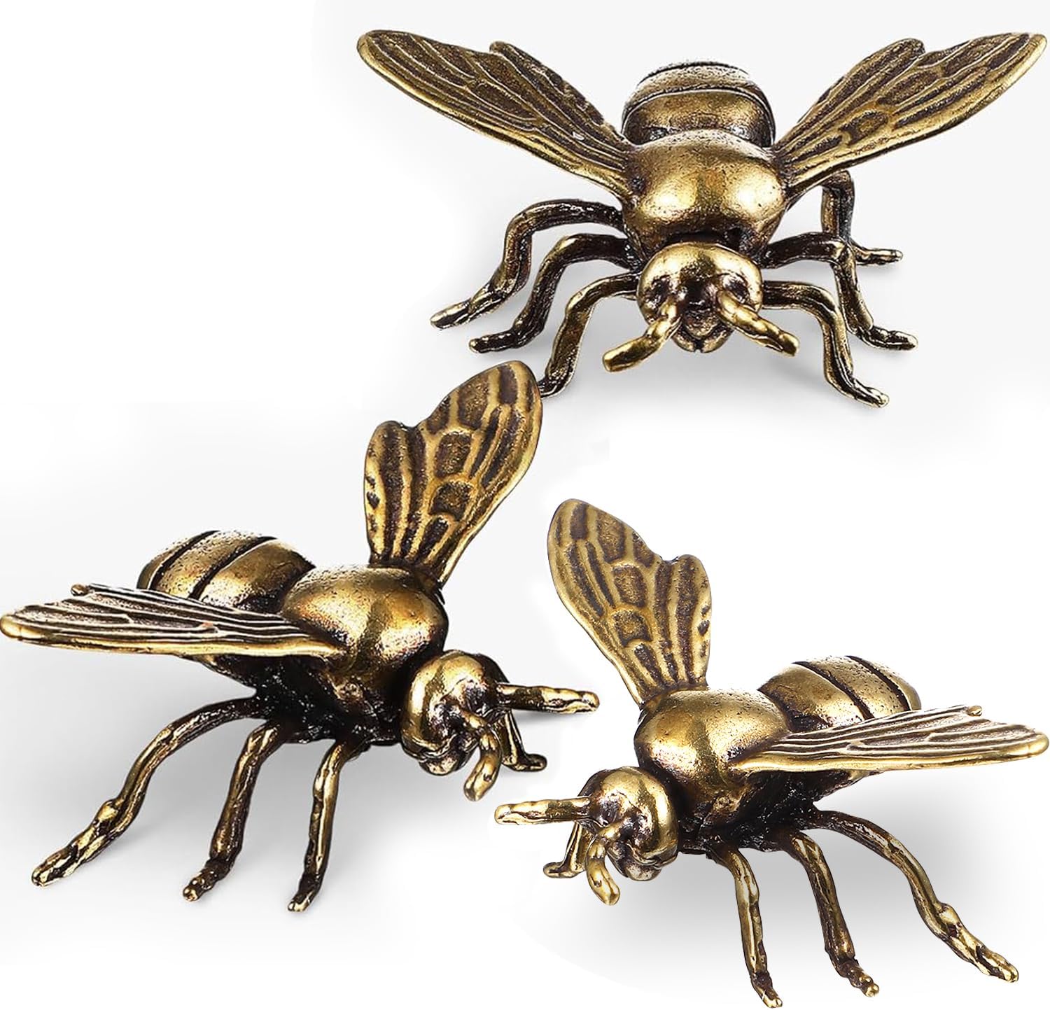 Skiennix Gold Bee Figurines - Decorative Brass Insect Statues | 3-Piece Collectible Set for Home Decor