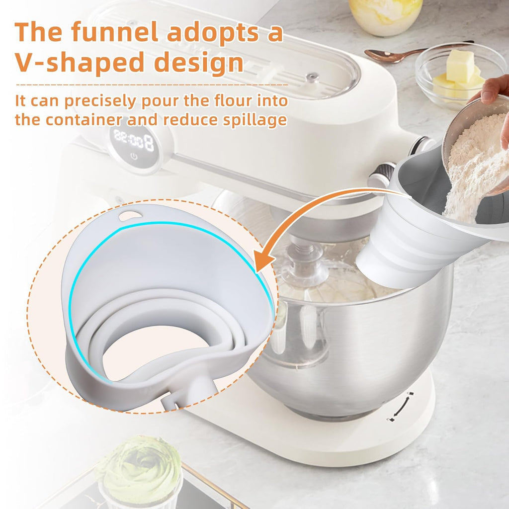 Skiennix Flour Funnel for KitchenAid Mixer - Easy Pour Silicone Kitchen Funnel | Dishwasher Safe (White)
