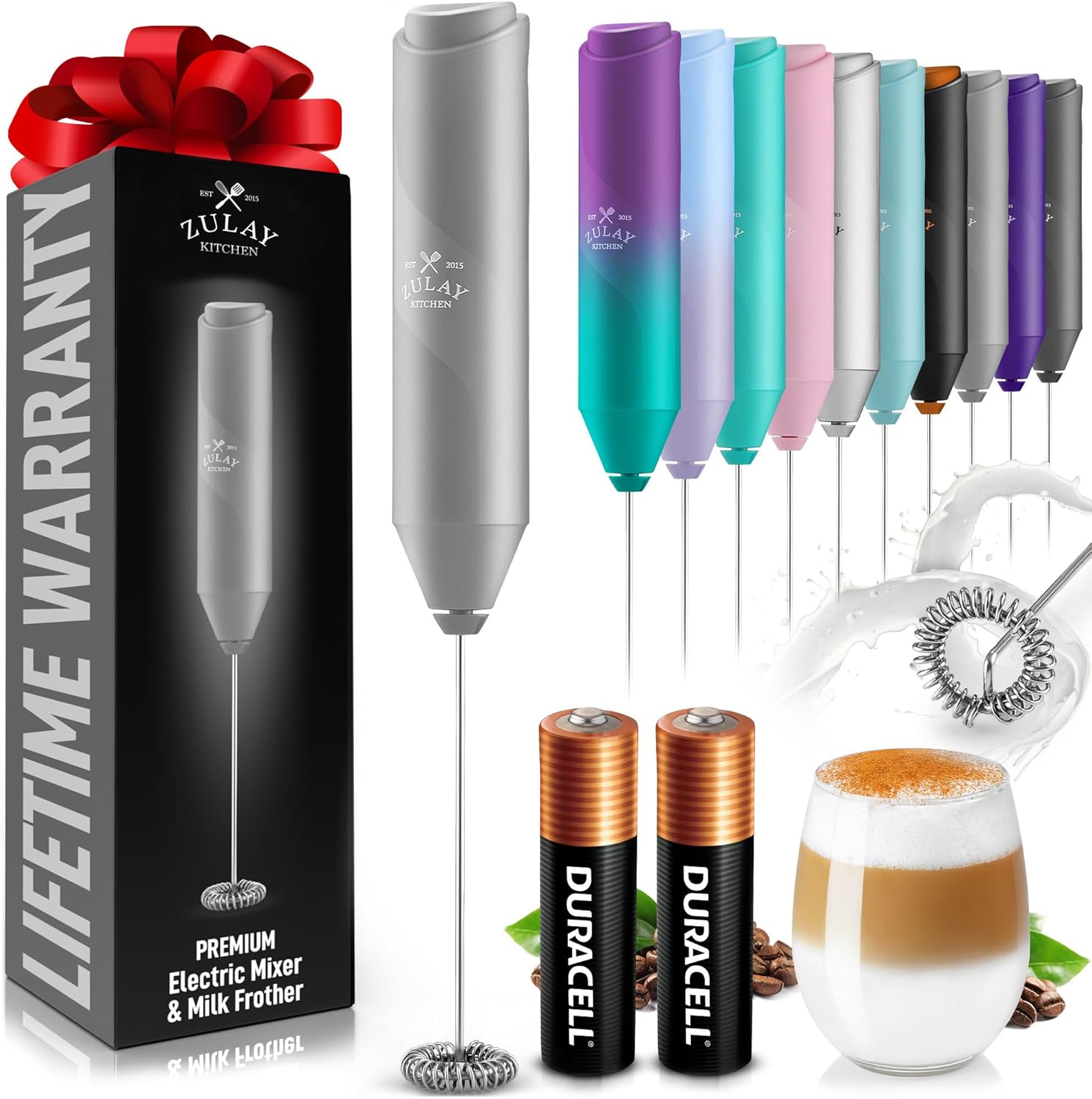 Zulay Kitchen Milk Frother - Ultra-Fast Handheld Drink Mixer with Stainless Steel Whisk | Gray
