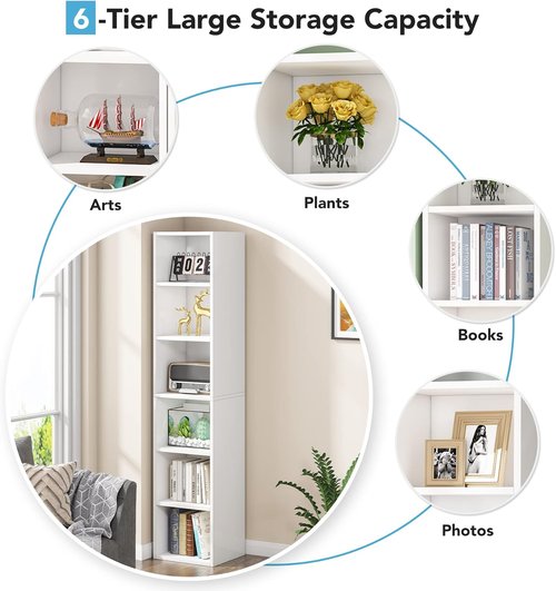 Little Tree 70.9-Inch Tall Narrow Bookcase - 6-Tier Corner Shelf Storage Organizer in White