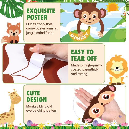 Faccito Jungle Animal Games Pin The Tail on The Monkey Safari Animal Birthday Party Games with Monkey Poster 24 Pcs Tail Stickers and Blindfold for Safari Jungle Zoo Forest Party Decorations Supplies