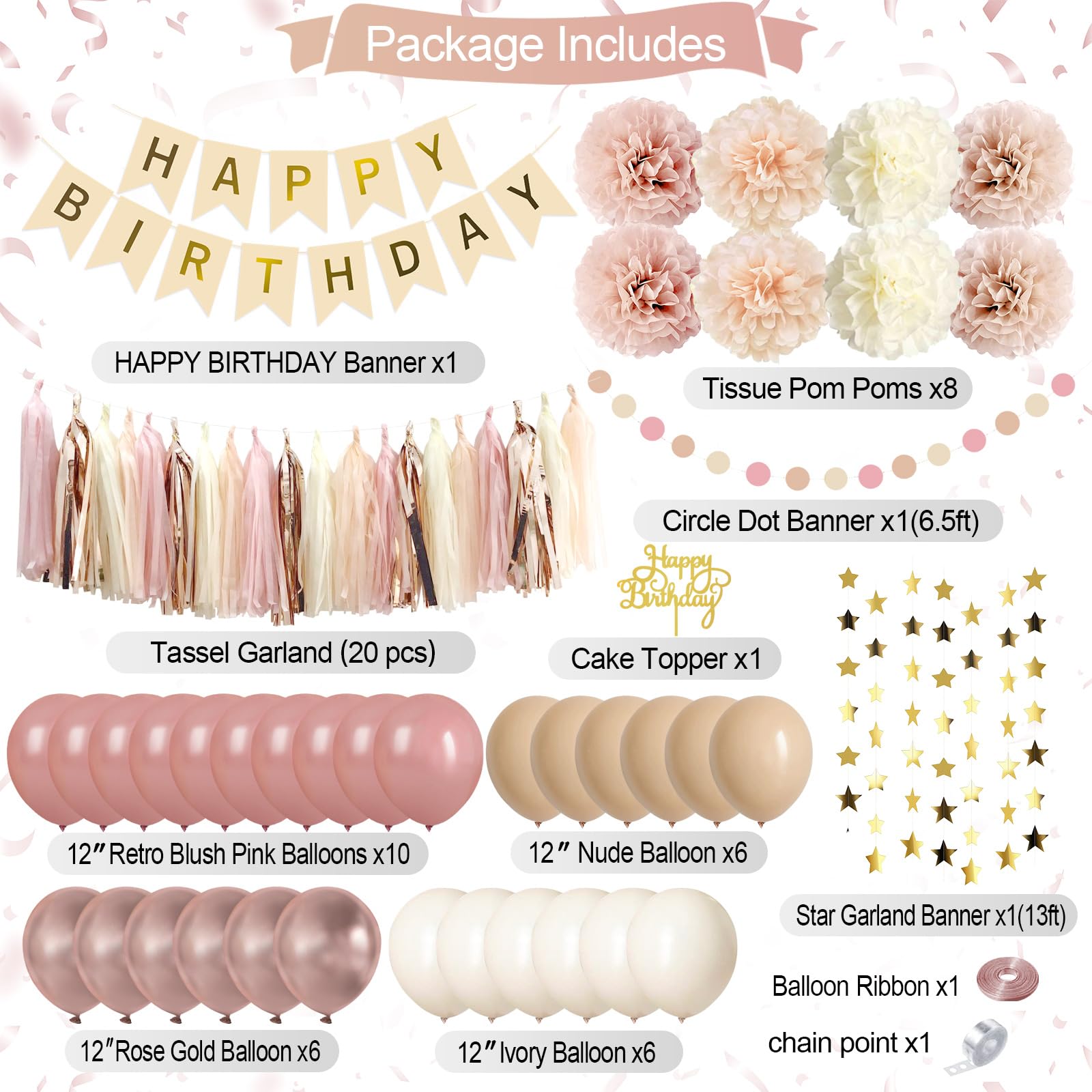 Iysoll Blush Beige Birthday Party Decorations Boho Happy Birthday Decorations Banner Retro Pink Nude Ivory Balloon Paper Pom Poms Tassel Garland Décor Supplies for Girls Women