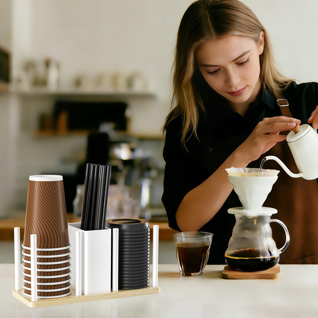 XILIMEN Cup and Lid Holder with Straw Organizer, 3 Compartment Coffee Cup Holder Organizer, Coffee Cup Dispenser for Coffees Station Home Countertop, for Disposable Paper & Plastic Cups, White