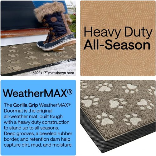 GORILLA GRIP Waterproof All-Season WeatherMAX Doormat - 47x35 Natural Rubber | Stain & Fade Resistant, Easy Clean Tan Pawprints