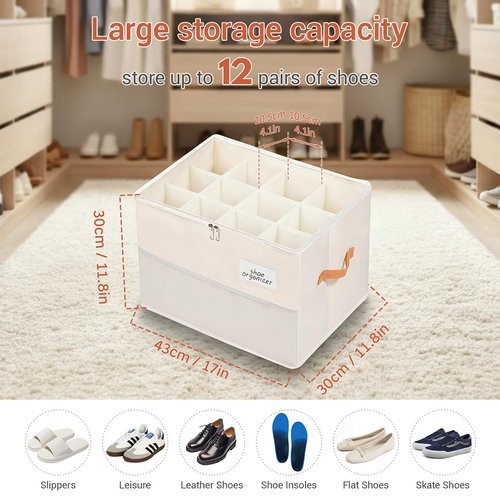 Chewlish Shoe Organizer for Closet, Foldable Shoe Box Storage Containers with Clear Cover, Smooth Zipper, Reinforced Handles and Bottom Support, Space Saving Shoes Holder, Beige (1, Small)