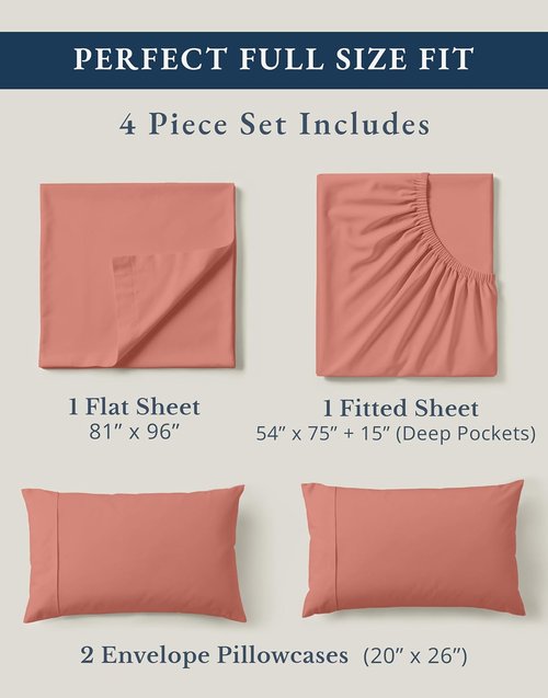 LANE LINEN 100% Organic Cotton Full Sheet Set - Ultra Soft Percale Bedding, Fits Mattresses Up to 15" Deep | Rose Dawn