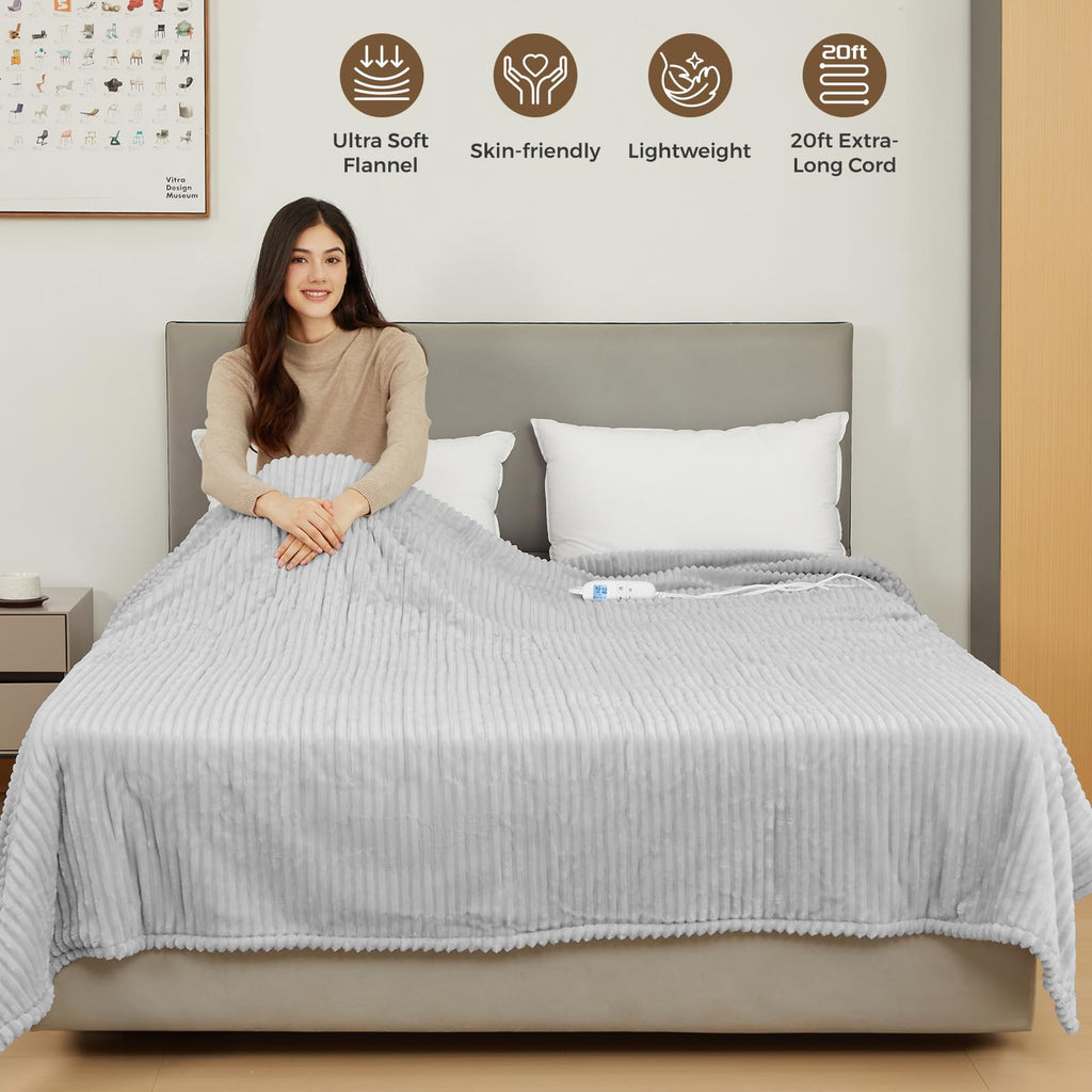 Electric Heated Blanket Queen Size 84" x 90" | 6 Heating Levels & 8h Auto Timer | Full Body Fast Heating and Ultra Soft Flannel, Machine Washable Bed Sofa Home Office Use, Light Grey