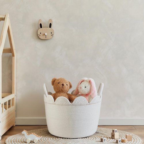 LemonRoad White Rope Basket Scalloped Woven Baskets 15.8"L x 15.8"w X13.8"h Cotton Storage Round Basket for Nursery Classroom Closet Blankets Storage Home Decor
