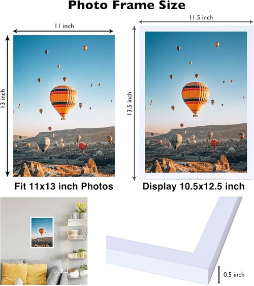 JCJMY 11x13 Picture Frame - White Wall Mount for Horizontal or Vertical Display | Shatter-Resistant Plexiglass