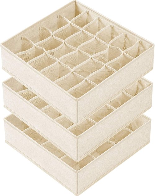 Criusia Sock Organizer - 3 Pack Fabric Drawer Dividers with 64 Cells | Beige Storage Solution for Socks, Underwear, Ties