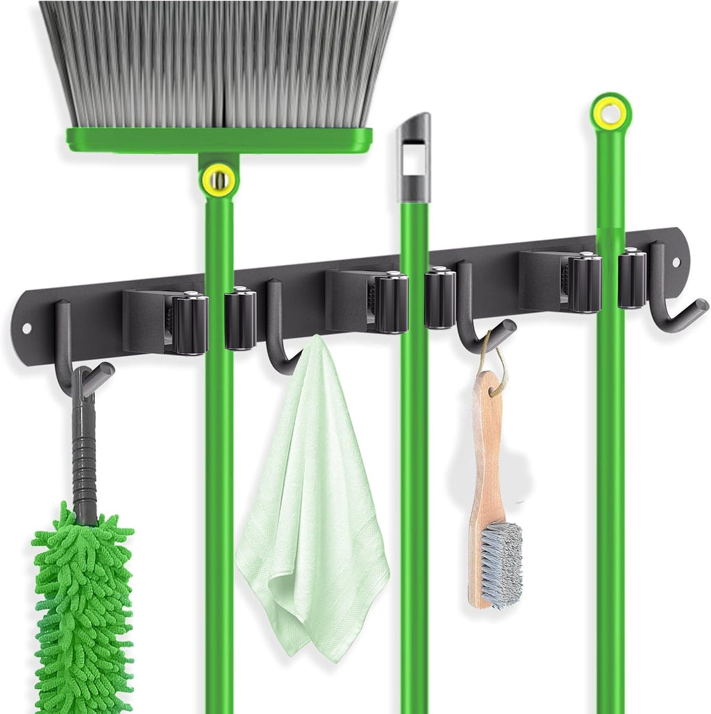 ZONGOOL Mop and Broom Holder - Wall-Mounted Organizer with 3 Racks & 4 Hooks | Stainless Steel, Black