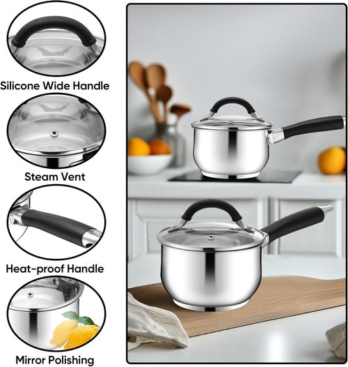 E-far Stainless Steel Sauce Pan - 1 Quart Tri-Ply Design with Stay-Cool Handle | Dishwasher Safe, Non-Toxic