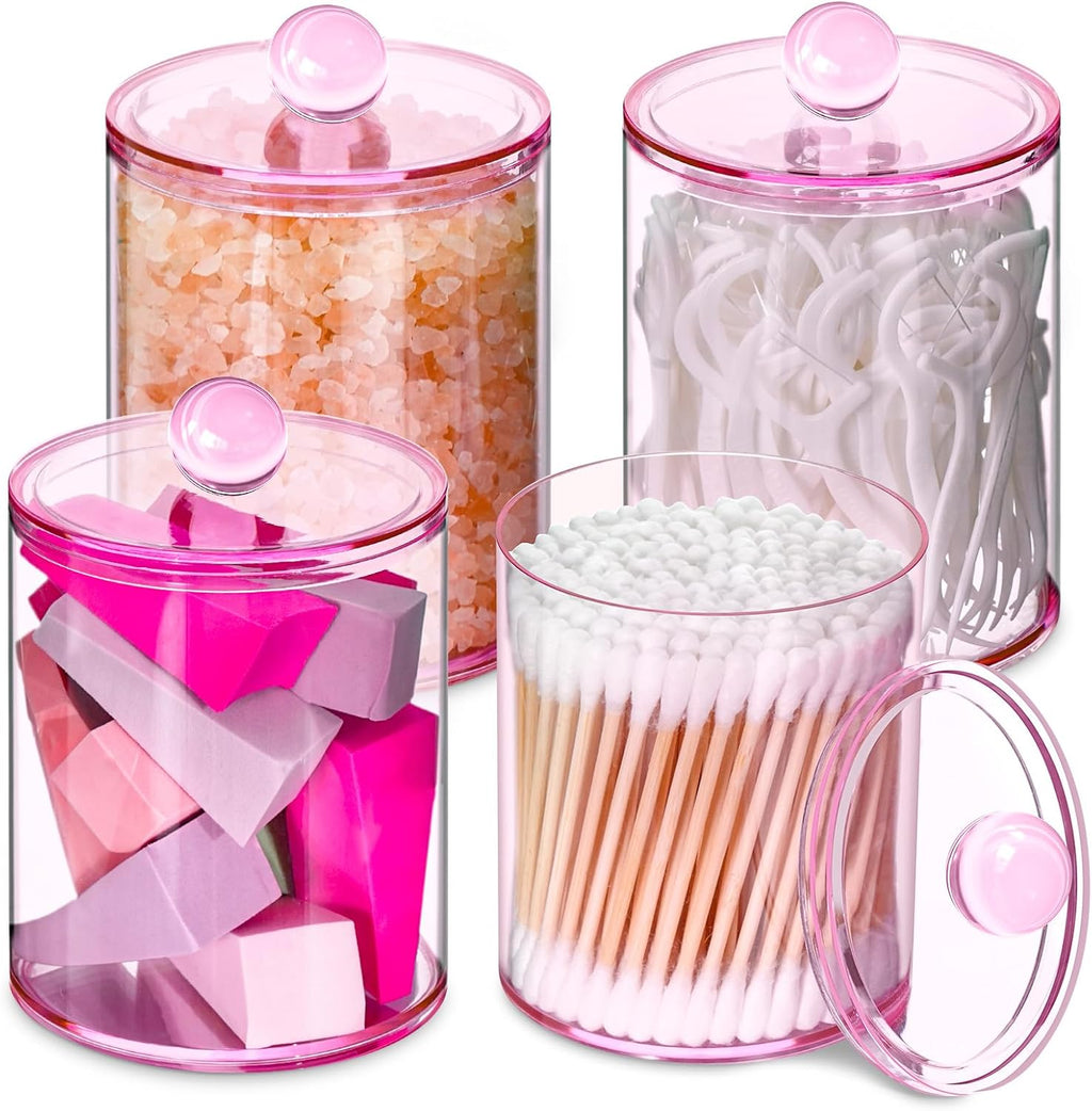 XIPENGKEJI Qtip Holder Set - 4 Pack Apothecary Jars with Lids for Cotton Swabs & Pads | 10oz-12oz Pink