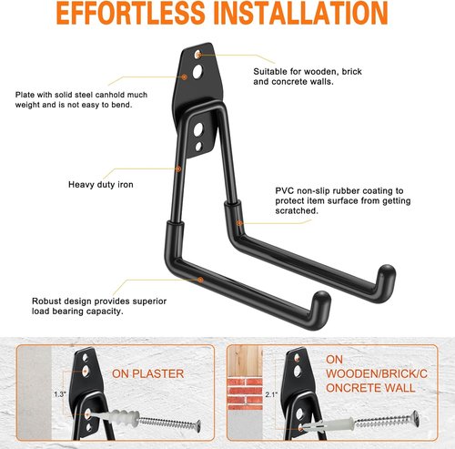 HUPBIPY Heavy Duty Garage Hooks - 4 Pack U-Shaped Wall Mount Tool Organizer for Ladders & Hoses