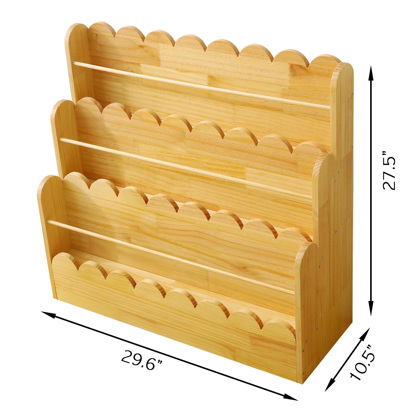 Amdermi Scalloped Design | 3-Tier Montessori Solid Wood Kids Bookcase | 29.6" Wide Toddler Storage Shelf | Easy Access Floor Display Furniture for Playroom/Nursery
