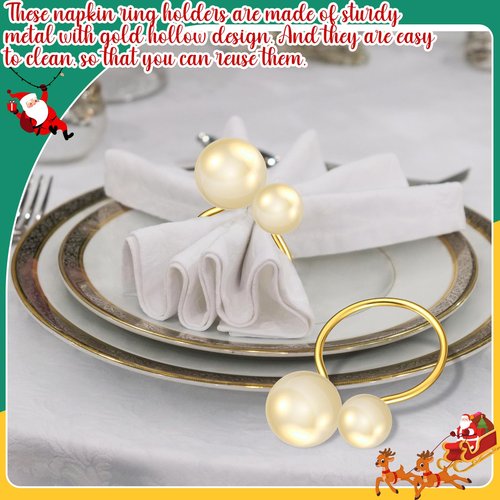 Sliner 100 Pcs Pearl Napkin Rings, Gold Table Napkin Holder Buckles for Dinning Table Setting Christmas Wedding Party Supplies