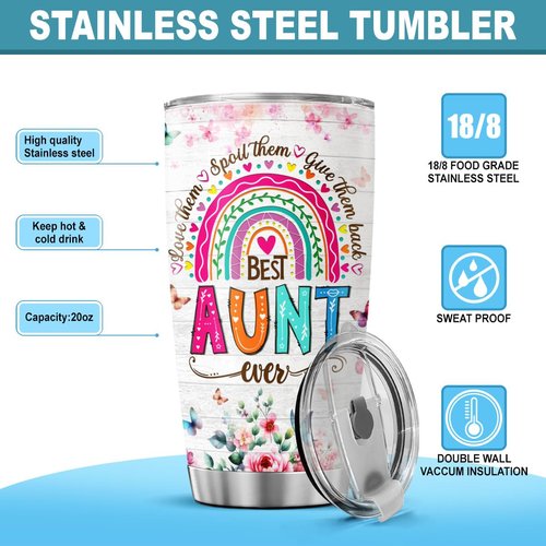 JENOIS Auntie, Aunt Gifts, Tumbler 20 Oz With Lid And Straw, Best Aunt Like Mother