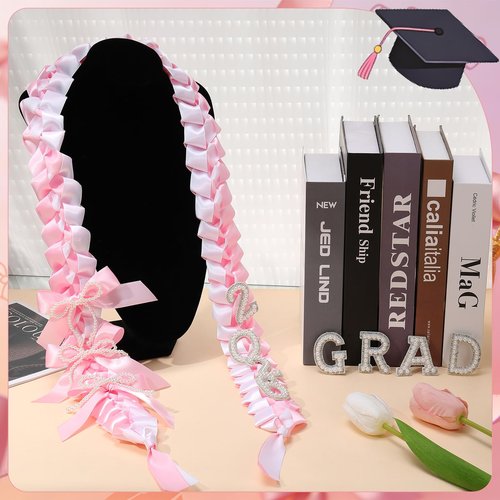 JATEBI 9 Pcs Coquette Graduation Leis&Cords Set 59 Inch Pink Ribbon Lei with Pearl Bows and Patches for 2026 Graduate Gifts
