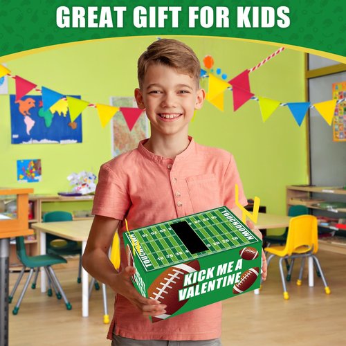 Gloween Valentines Day Boxes and Cards for Kids Classroom School Exchange, Great Valentines Gifts Party Favor Set for Boys Girls - 1 Football Box, 32 Sport Theme Valentine Cards, 1 Teacher Card