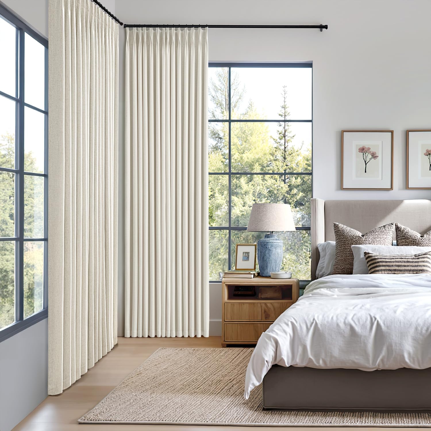 MIULEE 100% Blackout Linen Curtains - Natural Pinch Pleated Design, 84 Inches Long, 2 Panels for Bedroom & Living Room