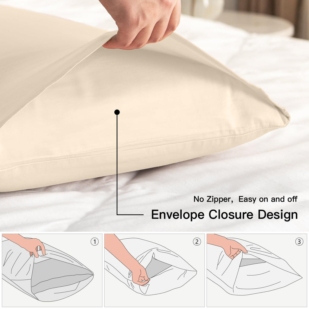 100% Cotton Standard Pillowcases Set of 2, Deep Dream 600 Thread Count Pillow Cases, 20x26 Inches, Super Soft and Breathable Envelope Closure (Cream)