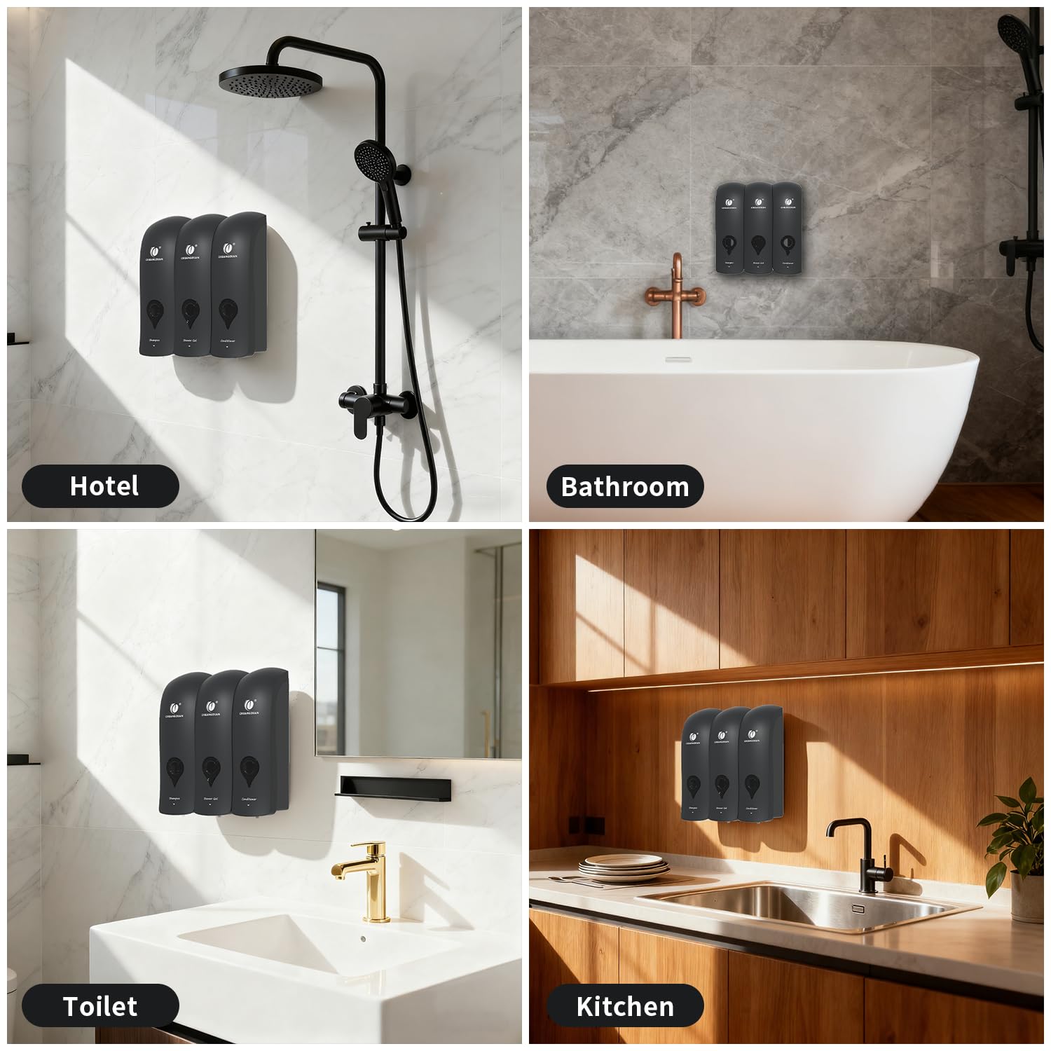CCITOW Shampoo Conditioner Body Wash Dispenser, Wall-Mounted Bathroom Soap Dispenser Set of 3 (Black), Refillable Shower Soap Shampoo Dispenser for Bathroom,Kitchen,Hotel and Airbnb