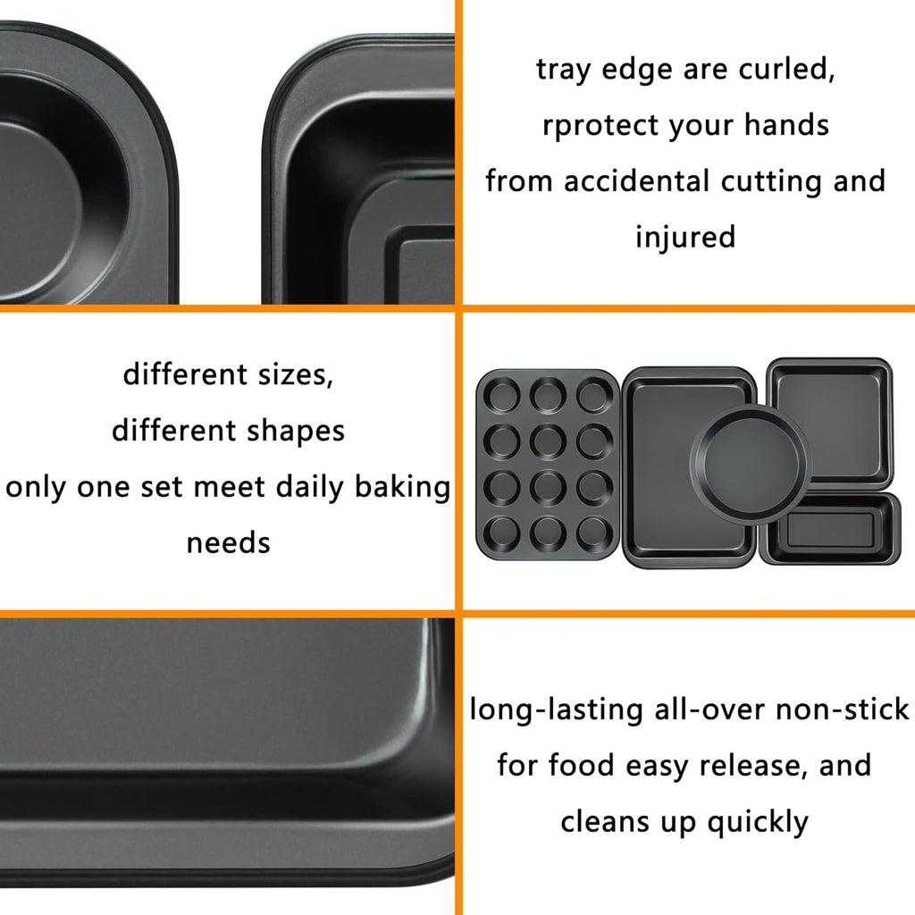 Mobzio Kitchen Nonstick Bakeware Set - 5-Piece Round & Square Cake Pans, Muffin Pan, Loaf Pan & Baking Sheets