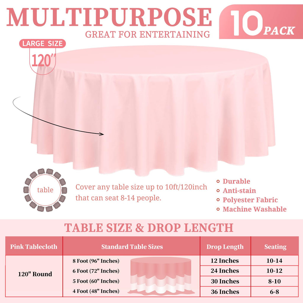 Showgeous 10 Pack Pink Round Tablecloth - 120 Inch Polyester Table Cloth - Washable Decorative Fabric Table Covers for Wedding, Dining, Party, Banquet, Buffet