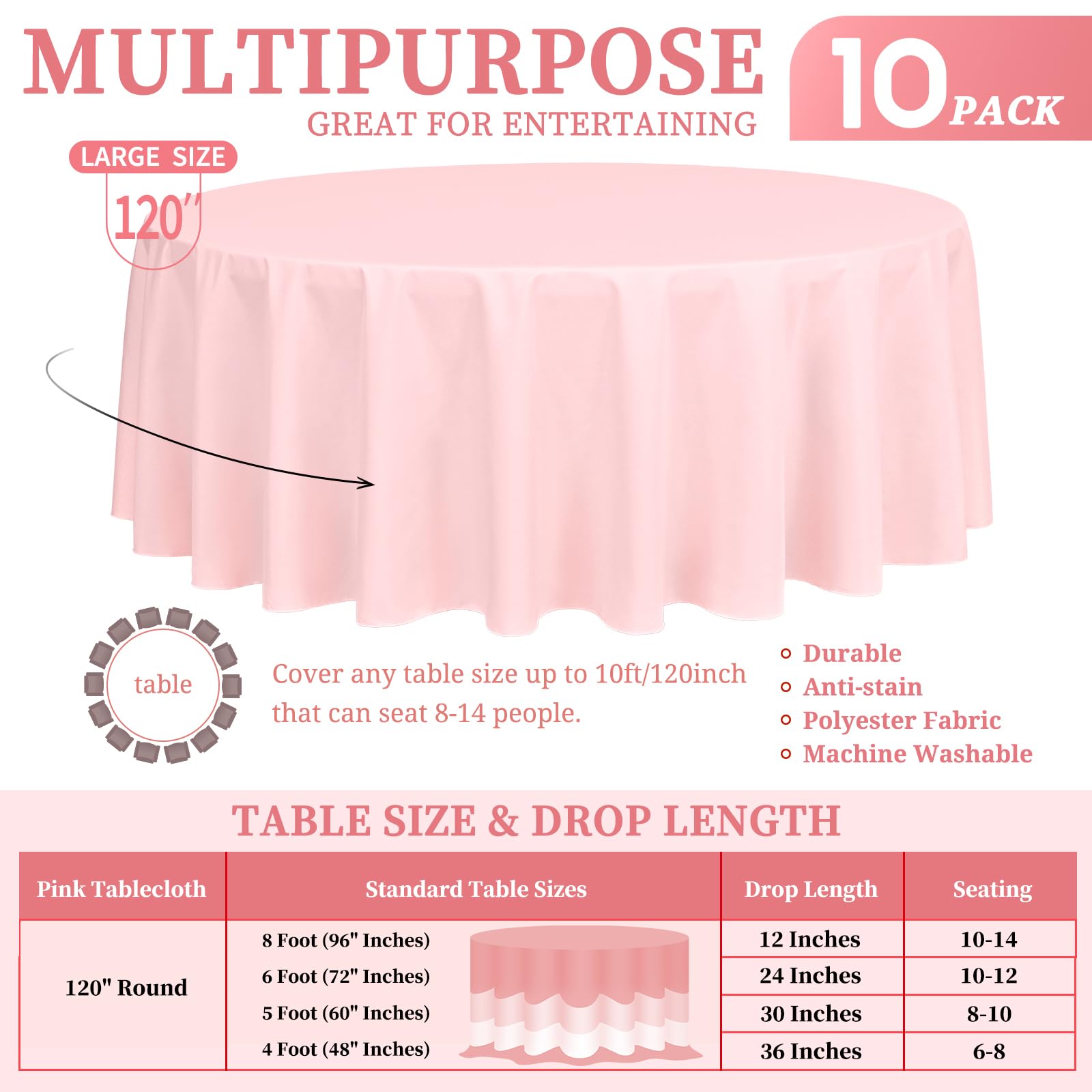 Showgeous 10 Pack Pink Round Tablecloth - 120 Inch Polyester Table Cloth - Washable Decorative Fabric Table Covers for Wedding, Dining, Party, Banquet, Buffet