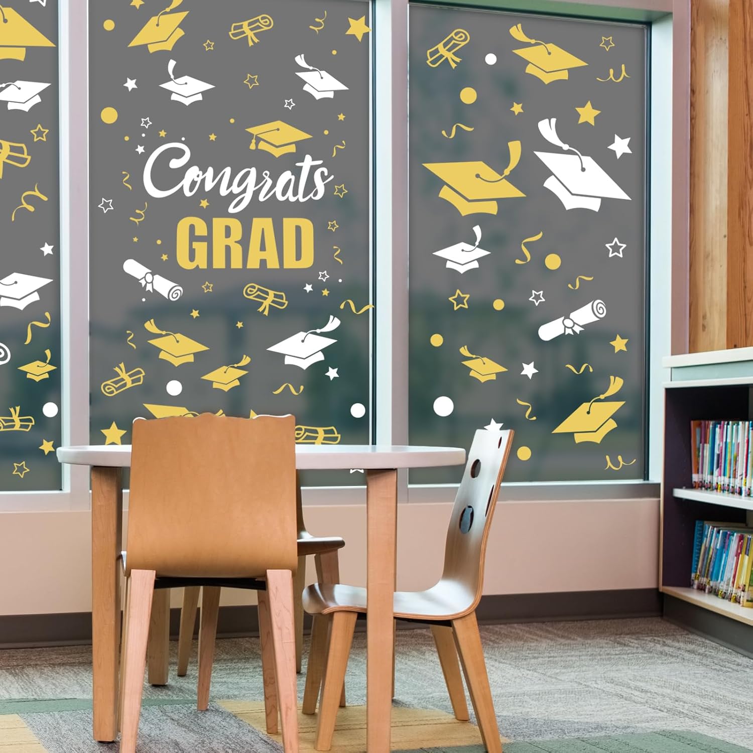 Whaline Graduation Window Clings - 236 Pcs Double-Sided White & Gold Cap Decor for Home & Office