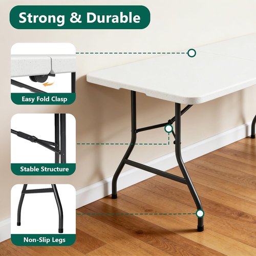 Folding Table 6ft - Heavy Duty Plastic Utility Table with Handle | Portable & Foldable for Events, Picnics, Camping (White)