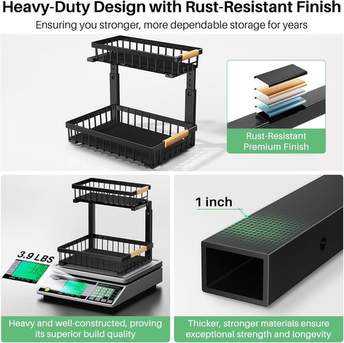 Kitstorack Under Sink Organizer - 2 Tier Metal Sliding Drawer for Kitchen & Bathroom Storage | Black, 1 Pack