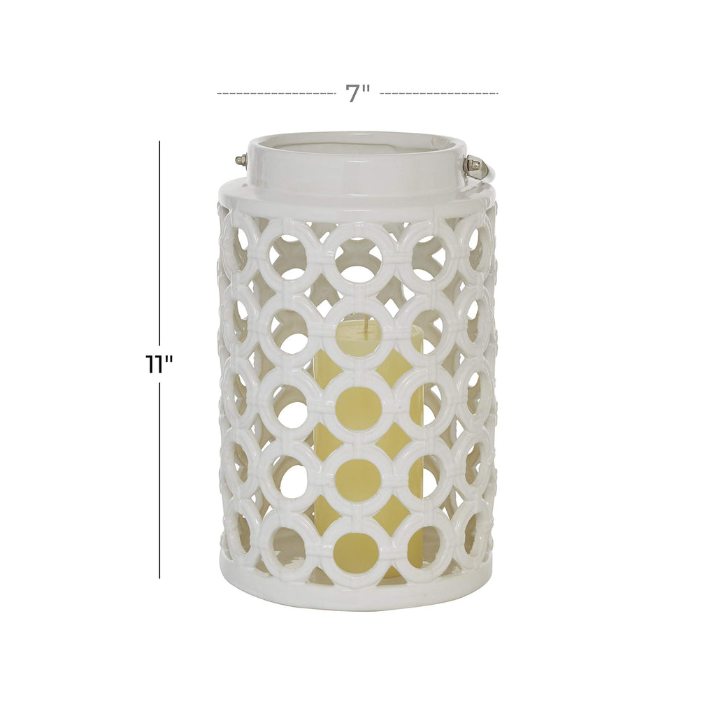 Deco 79 Ceramic Circles Decorative Candle Lantern with Cut Out Design, 8" x 9" x 8", White