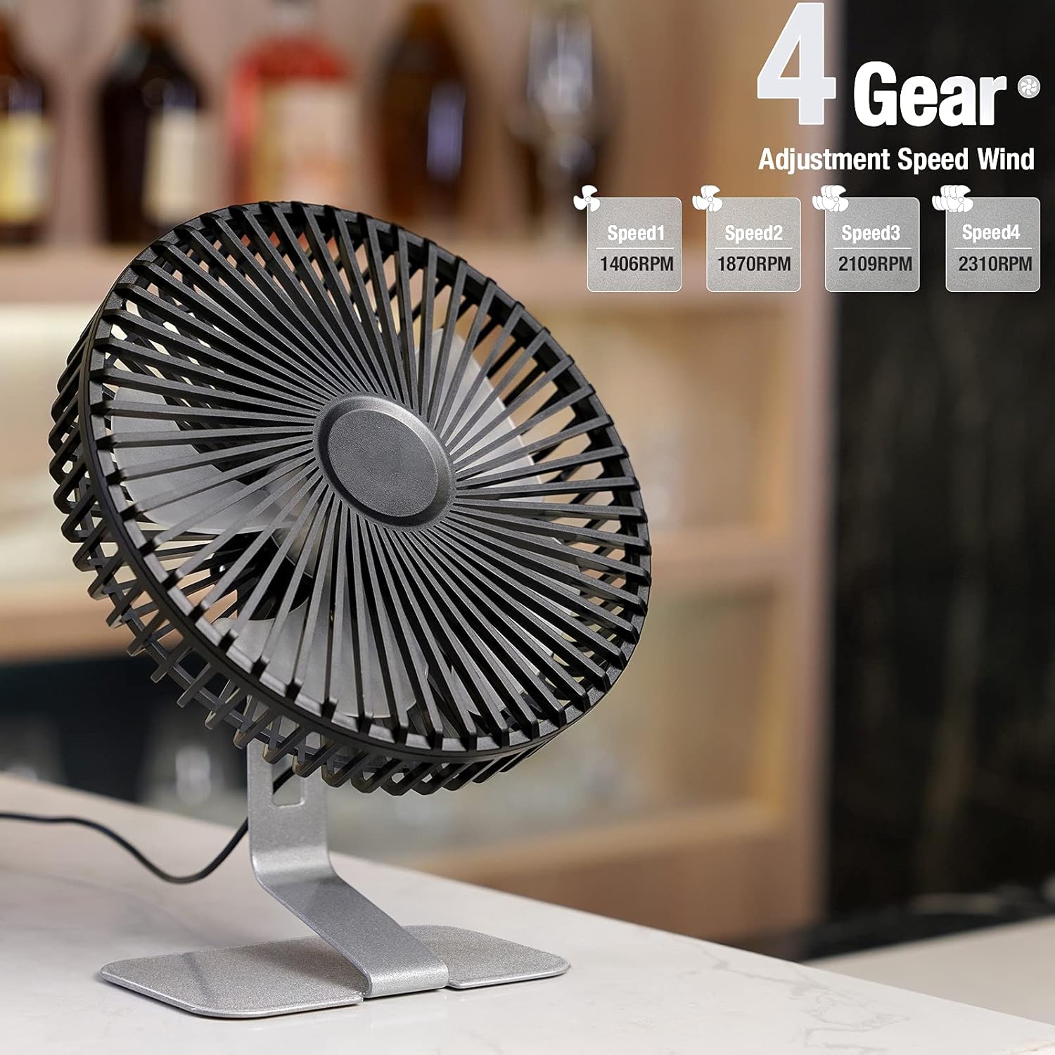 SLENPET USB Mini Desk Fan - 6 Inch Ultra-Quiet Portable Fan with 4 Speeds & 90° Adjustment - Silver